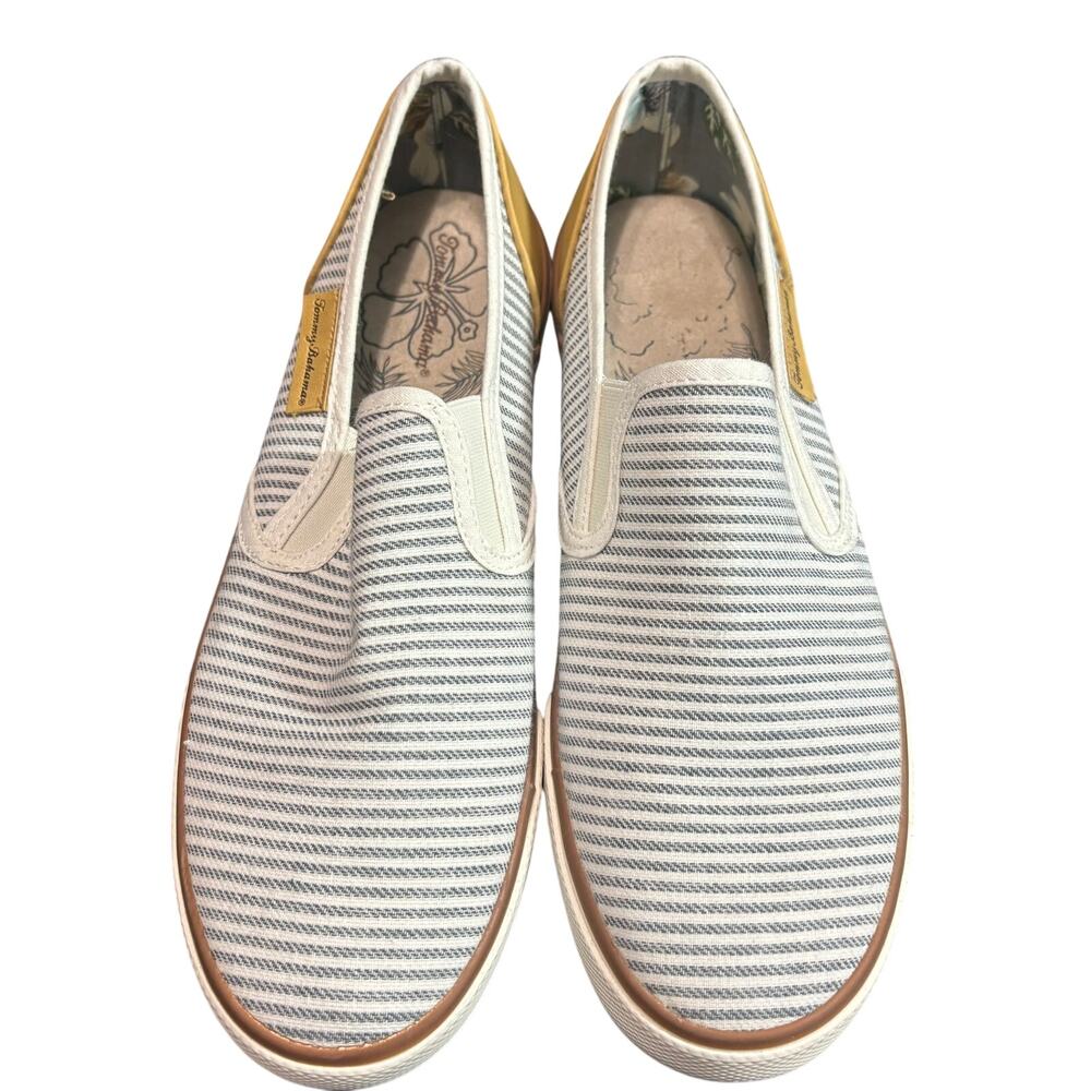 Tommy Bahama Womens 9 Slip On Sneakers Blue White Striped Canvas Loafers